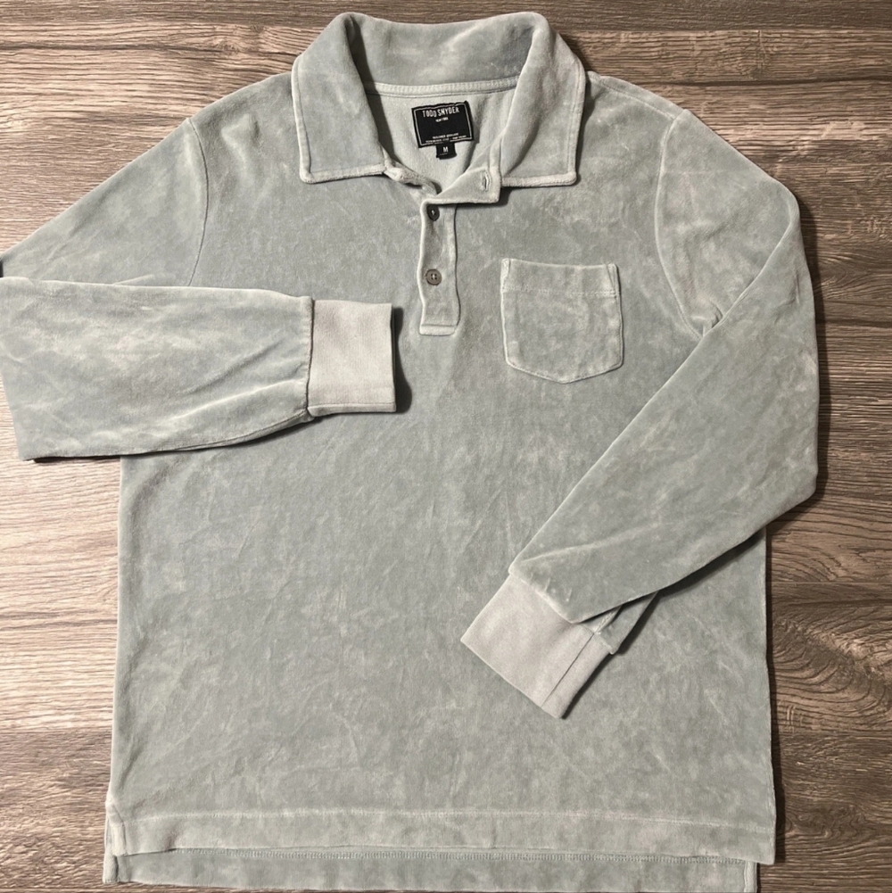 Todd Snyder Velour Sage Green Long Sleeve Polo Shirt -  Men Medium